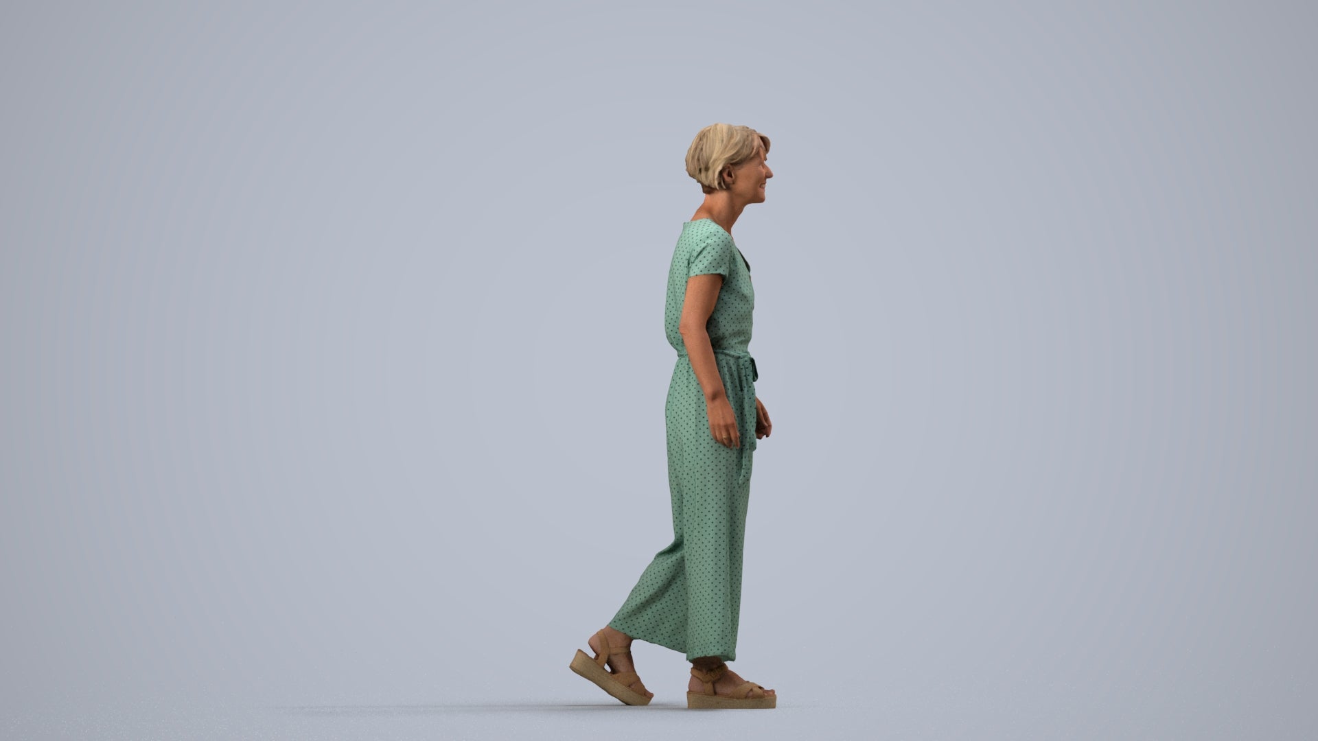 3D human model senior woman casual walking, photogrammetry scanned person for archviz, side view render