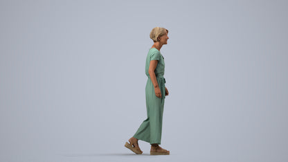 3D human model senior woman casual walking, photogrammetry scanned person for archviz, side view render