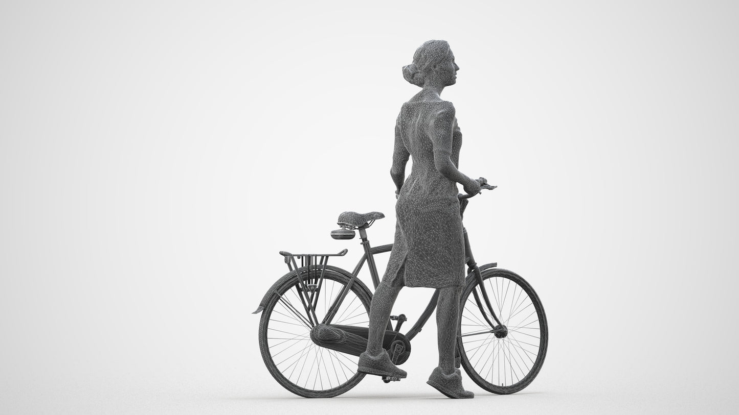 realistic 3D senior woman casual cycling, scanned archviz people for Blender and 3ds Max, wireframe side view