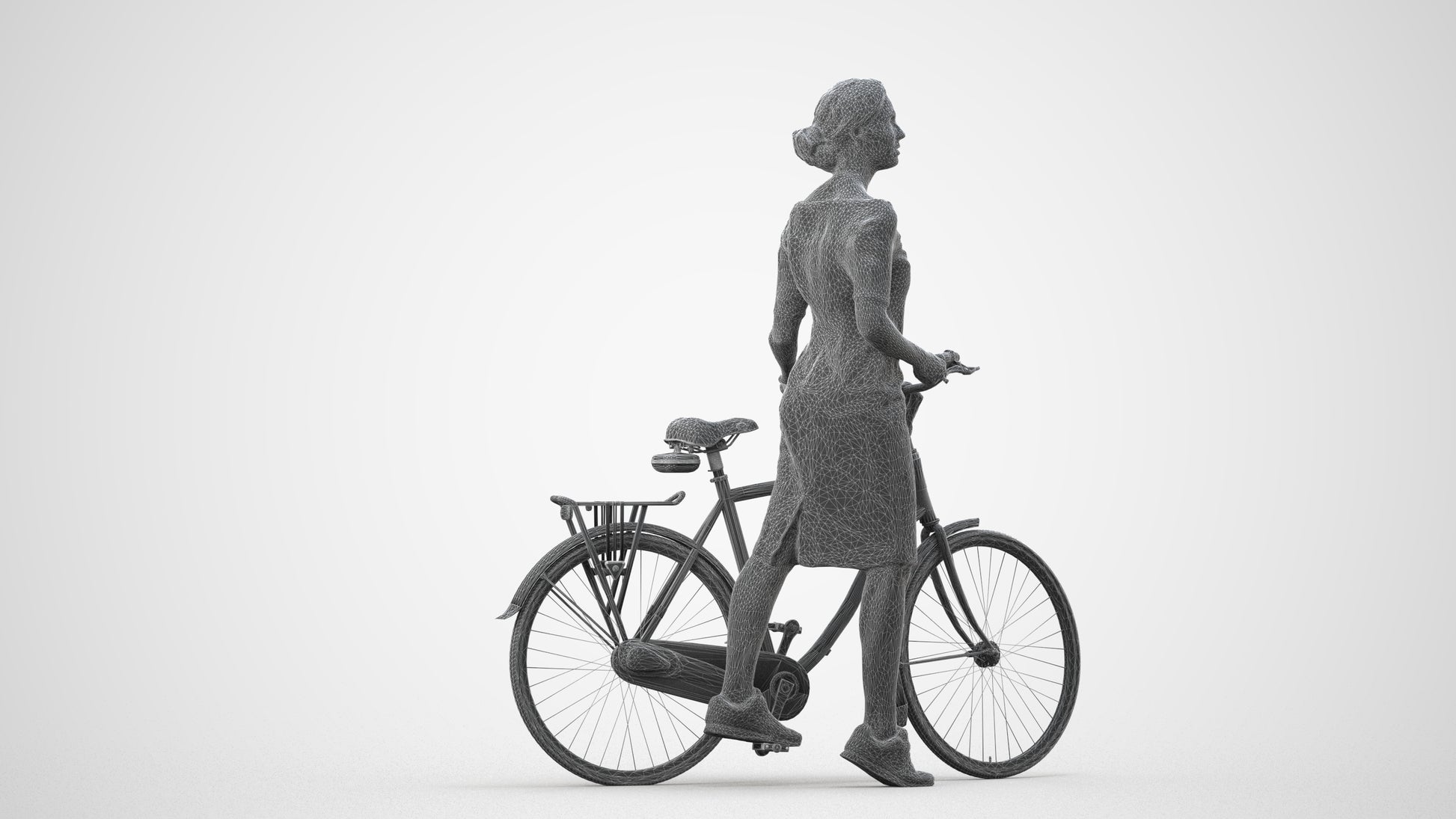 realistic 3D senior woman casual cycling, scanned archviz people for Blender and 3ds Max, wireframe side view