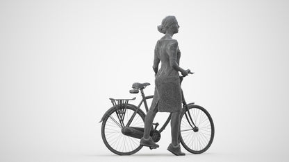 realistic 3D senior woman casual cycling, scanned archviz people for Blender and 3ds Max, wireframe side view