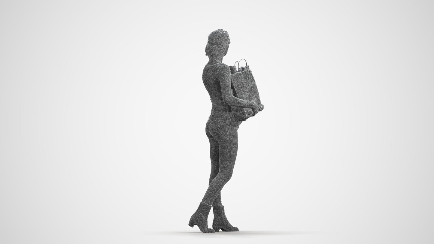 3D people model woman casual walking, scanned human for 3ds Max rendering, wireframe front view