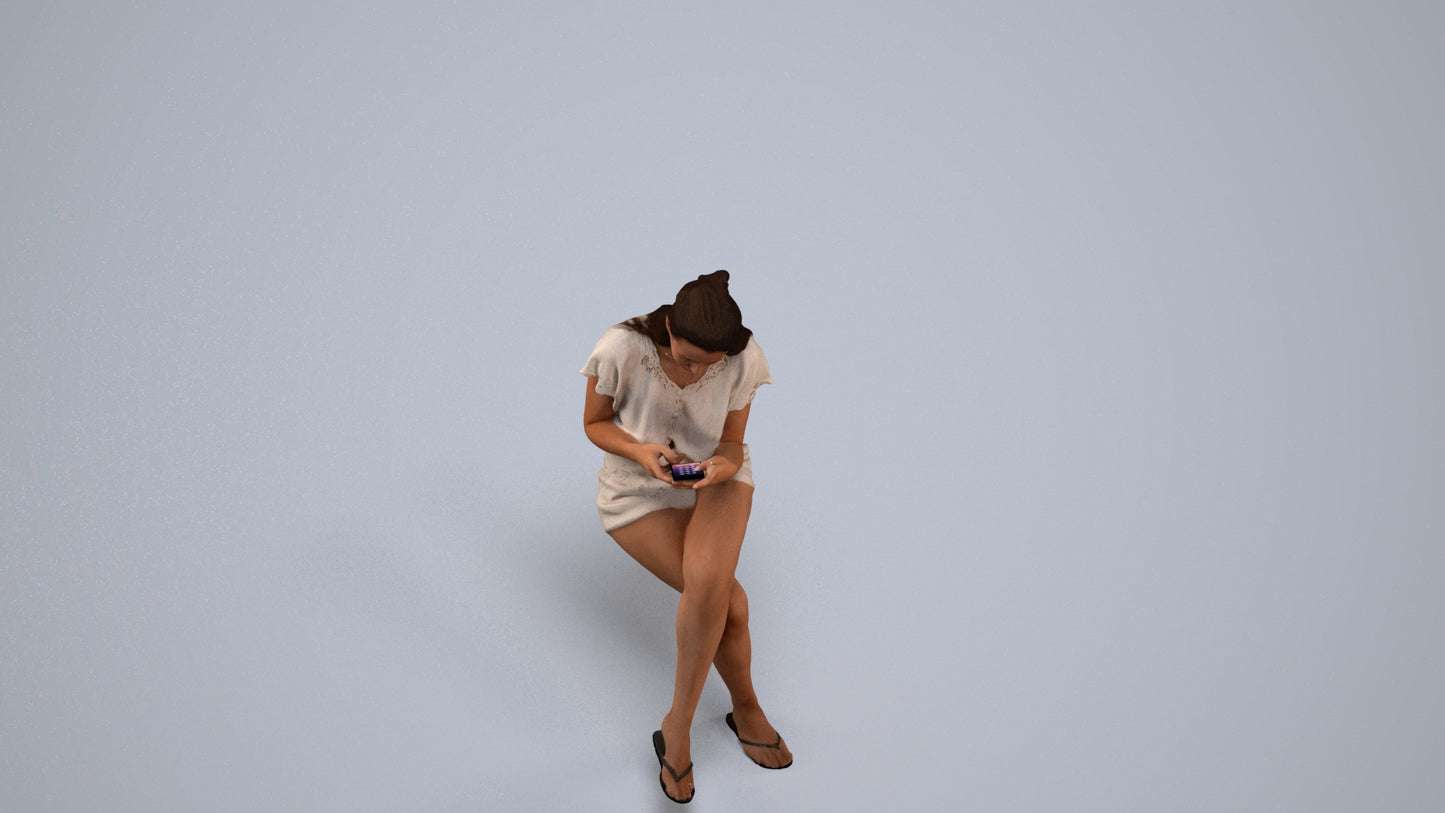 3D human model woman casual sitting, photogrammetry scanned person for archviz, back view render