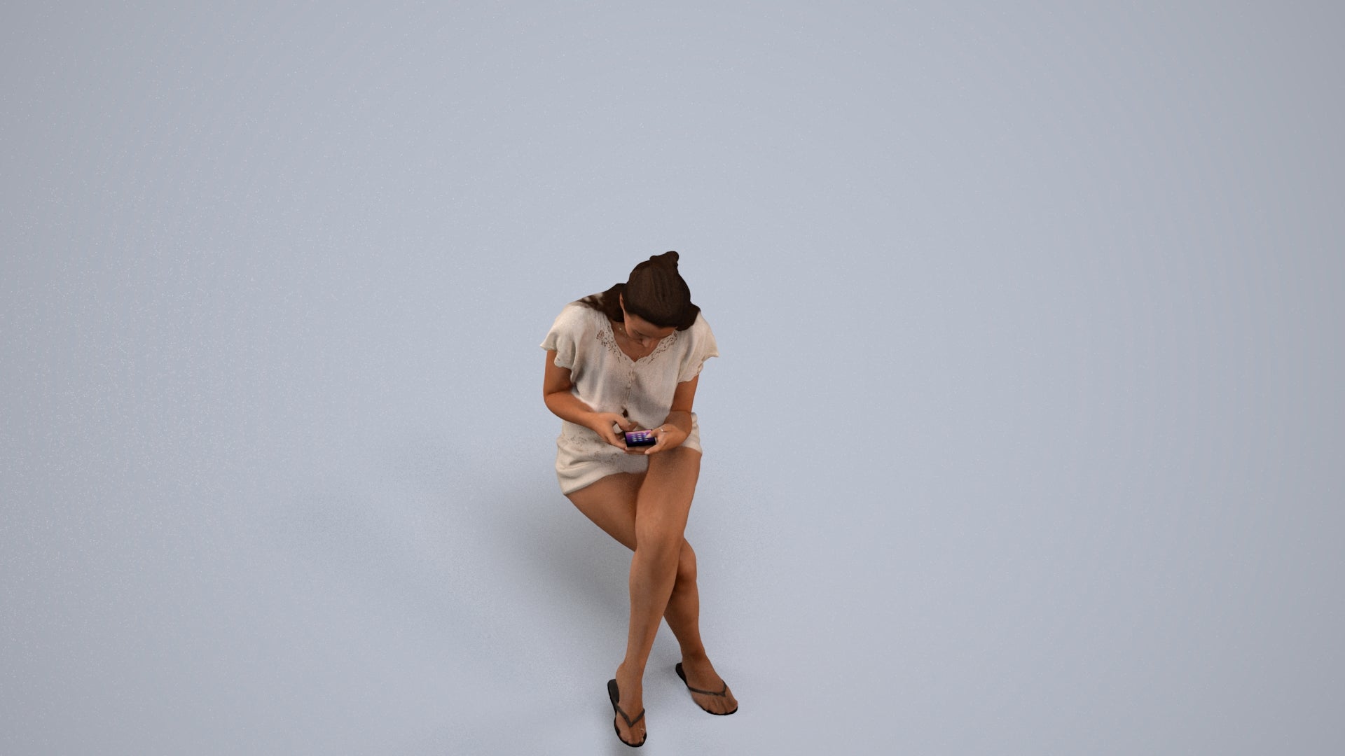 3D human model woman casual sitting, photogrammetry scanned person for archviz, back view render