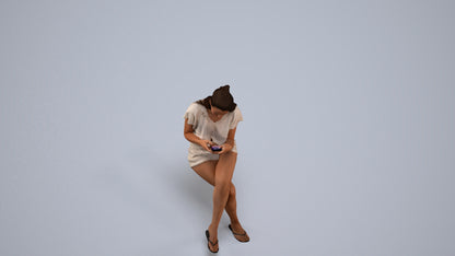 3D human model woman casual sitting, photogrammetry scanned person for archviz, back view render