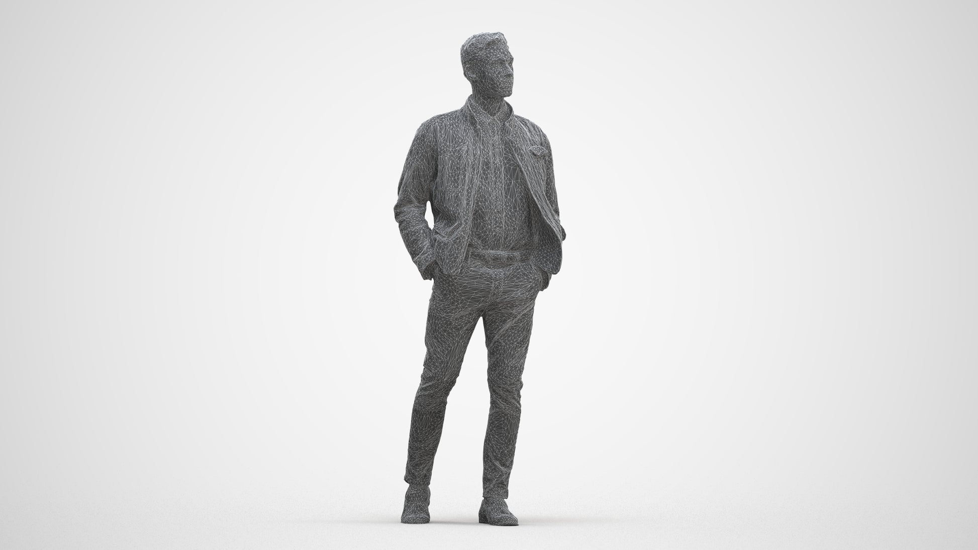 3D human model man casual walking, photogrammetry scanned person for archviz, three-quarter front view render
