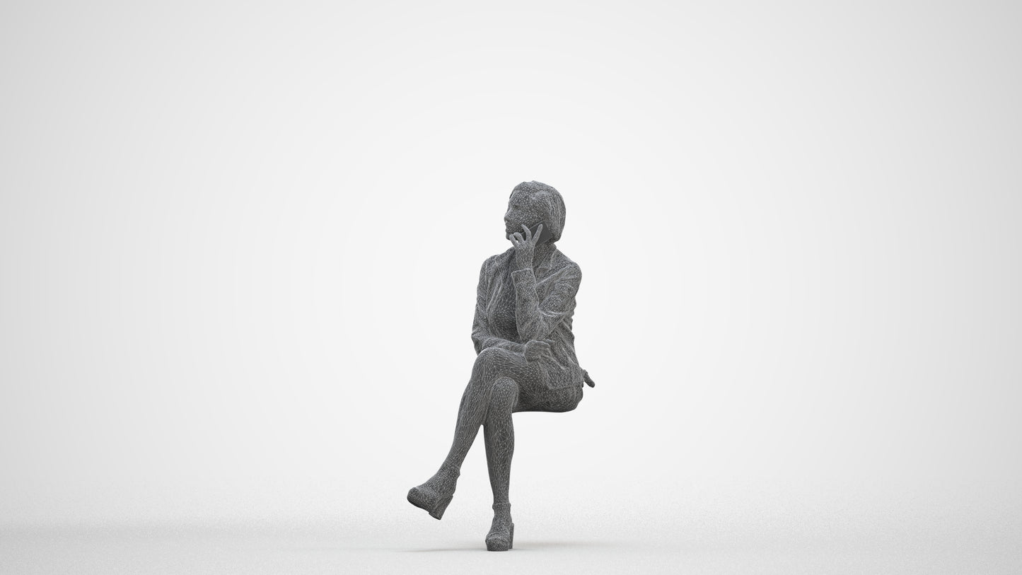 3D human model woman casual sitting, photogrammetry scanned person for archviz, three-quarter front view render