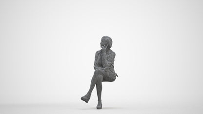 3D human model woman casual sitting, photogrammetry scanned person for archviz, three-quarter front view render