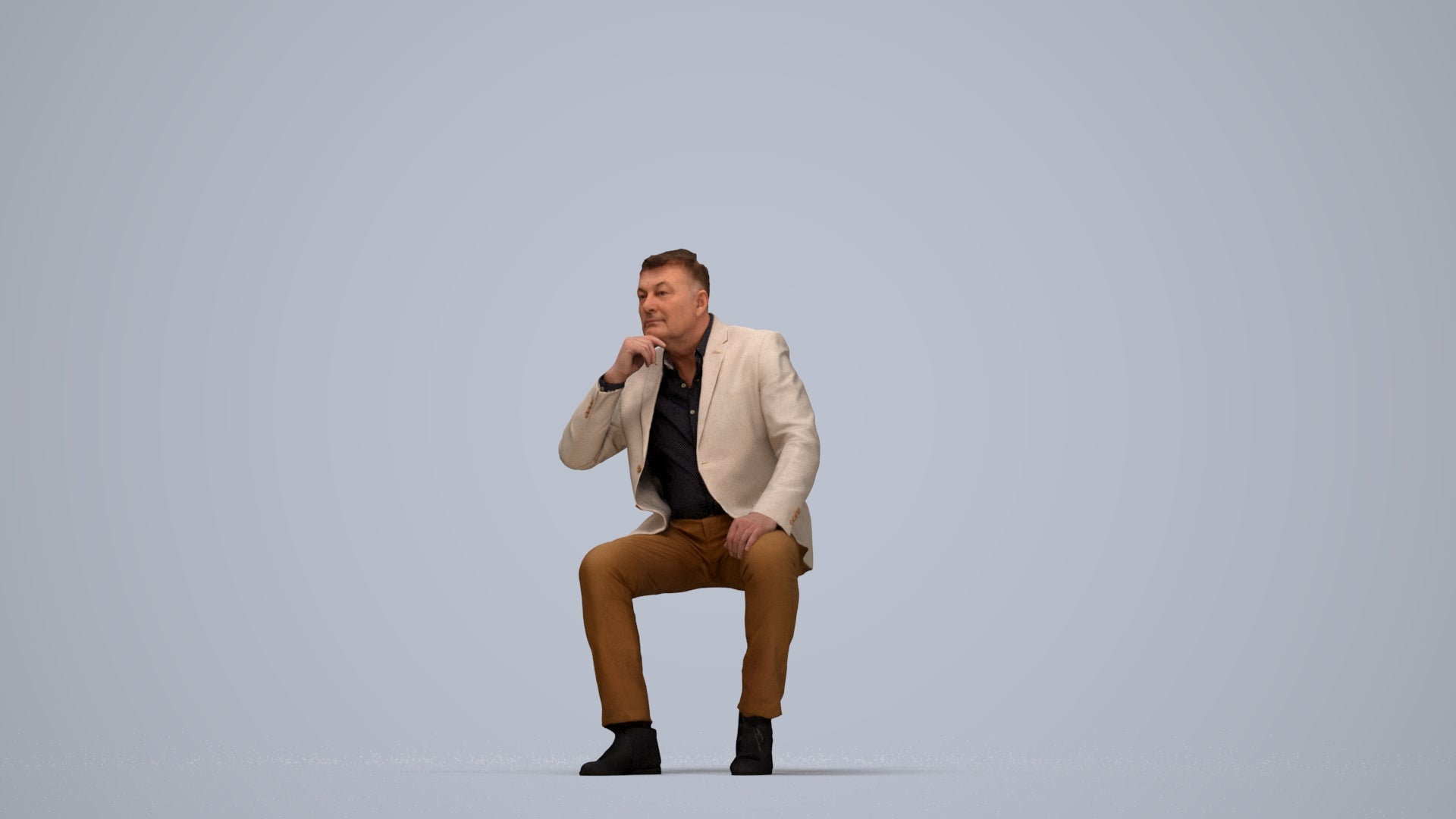 3D human model man business, photogrammetry scanned person for archviz, top-down view render