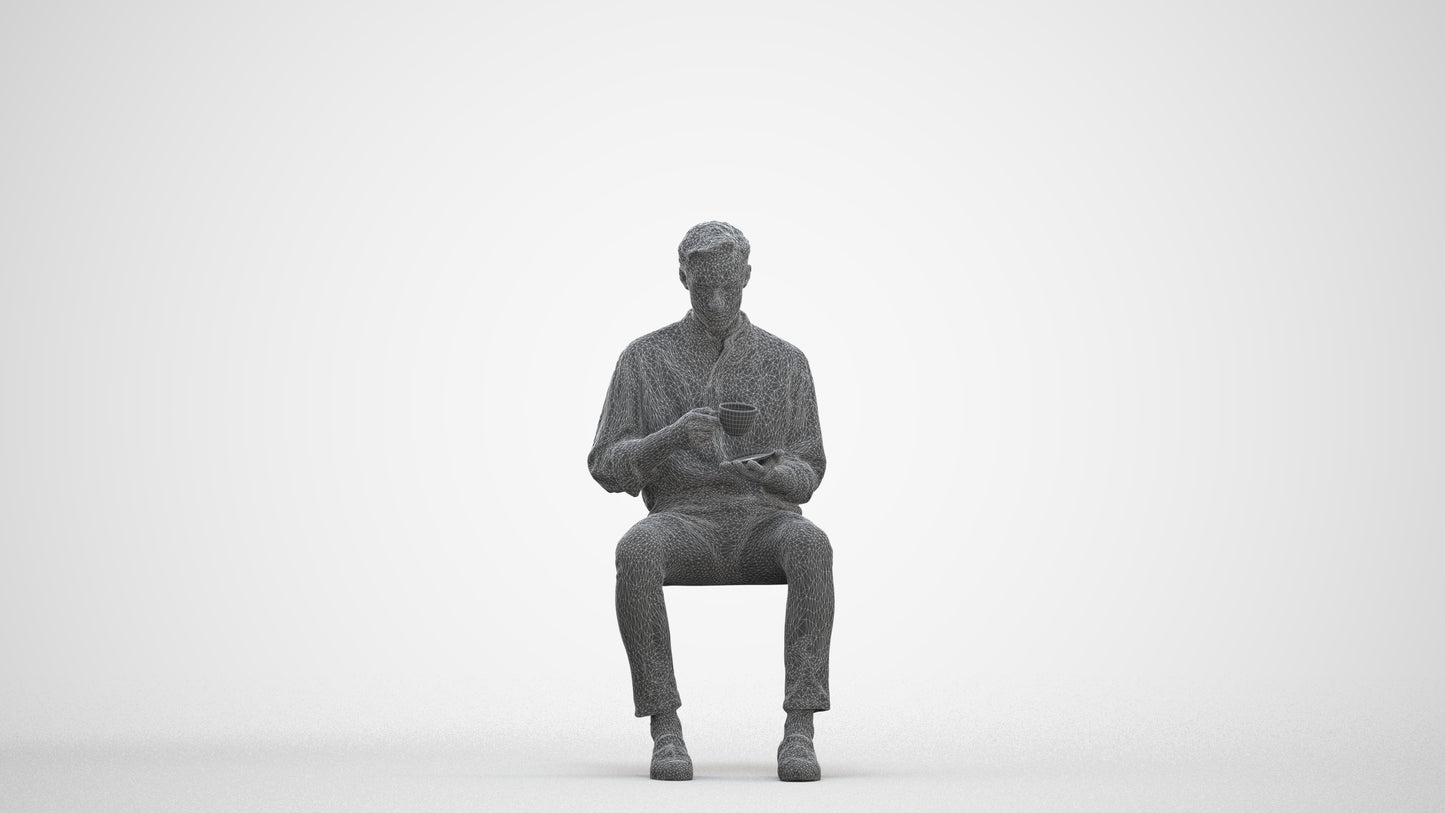 realistic 3D people man casual sitting, render-ready for V-Ray and Corona, FBX OBJ, three-quarter front view render