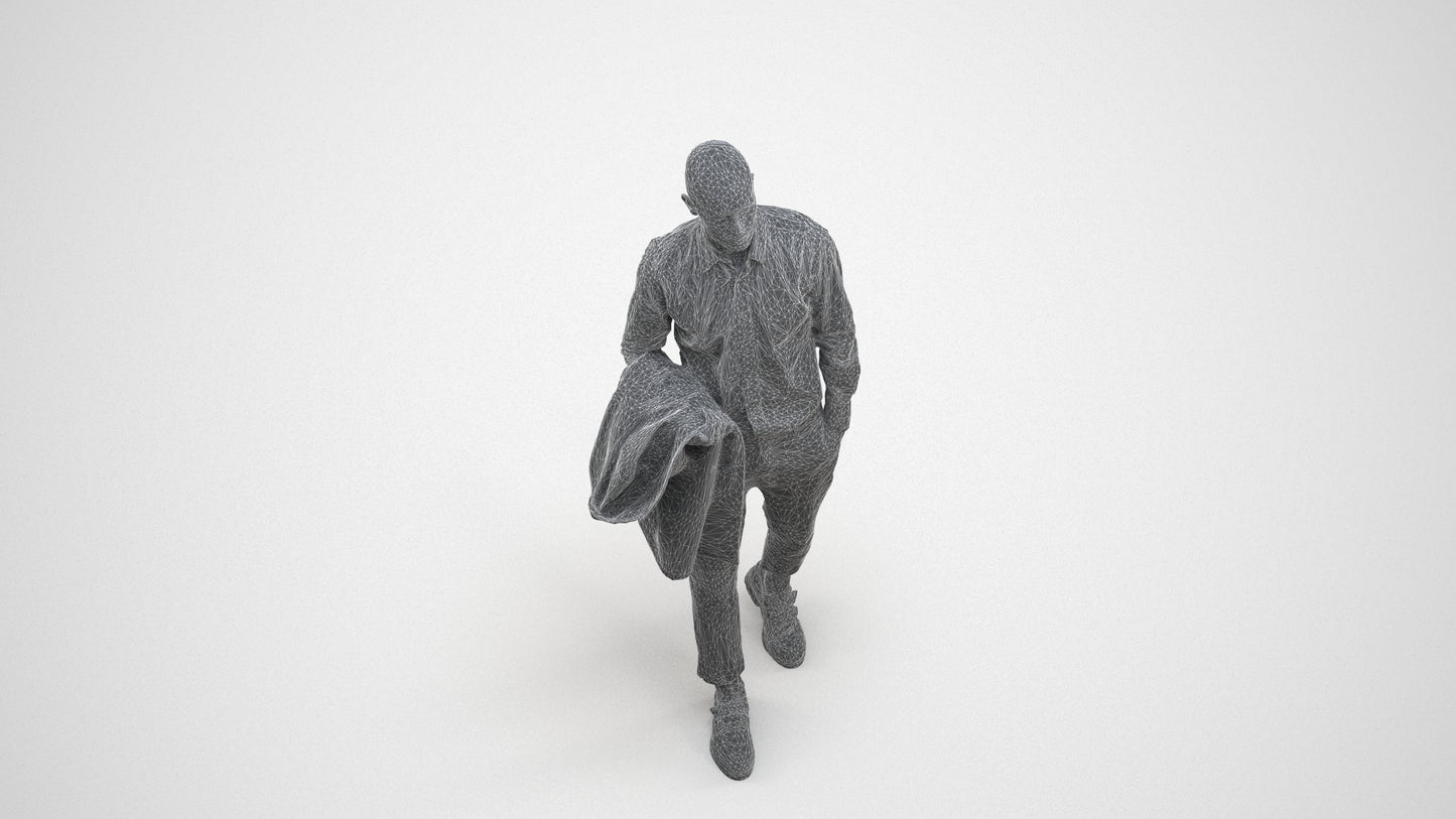 photogrammetry 3D man business walking, realistic human model archviz FBX, wireframe three-quarter view