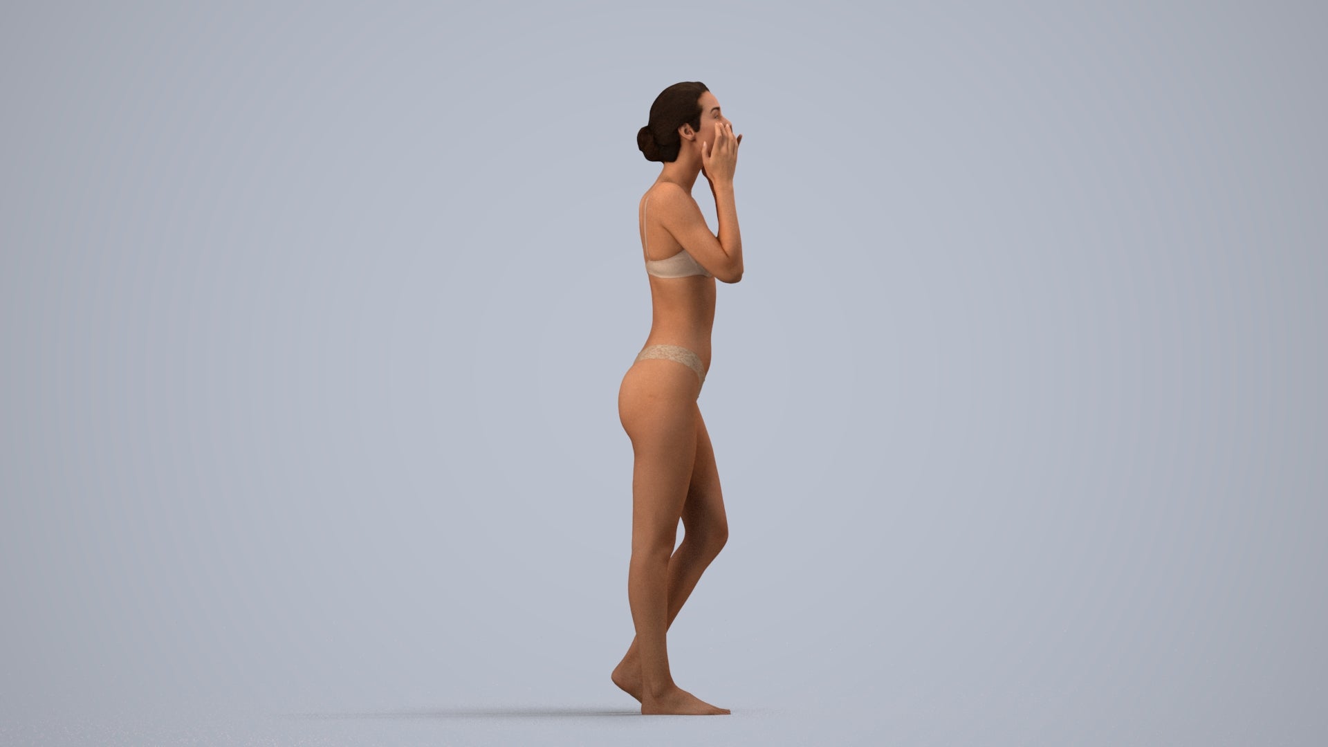 realistic 3D human woman bathroom, archviz people FBX OBJ for Blender, side view render