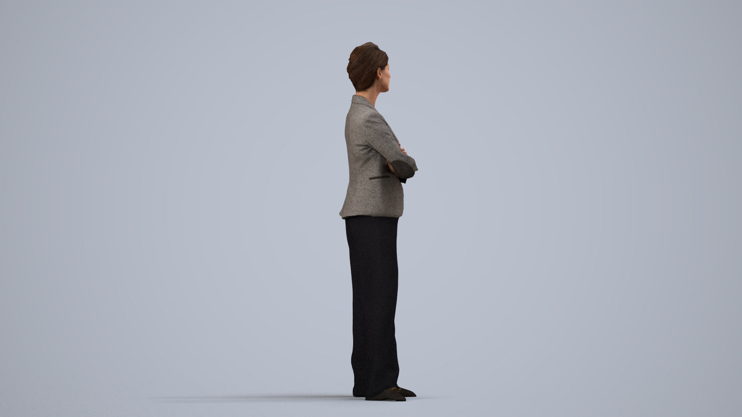 3D human model woman business, photogrammetry scanned person for archviz, side view render