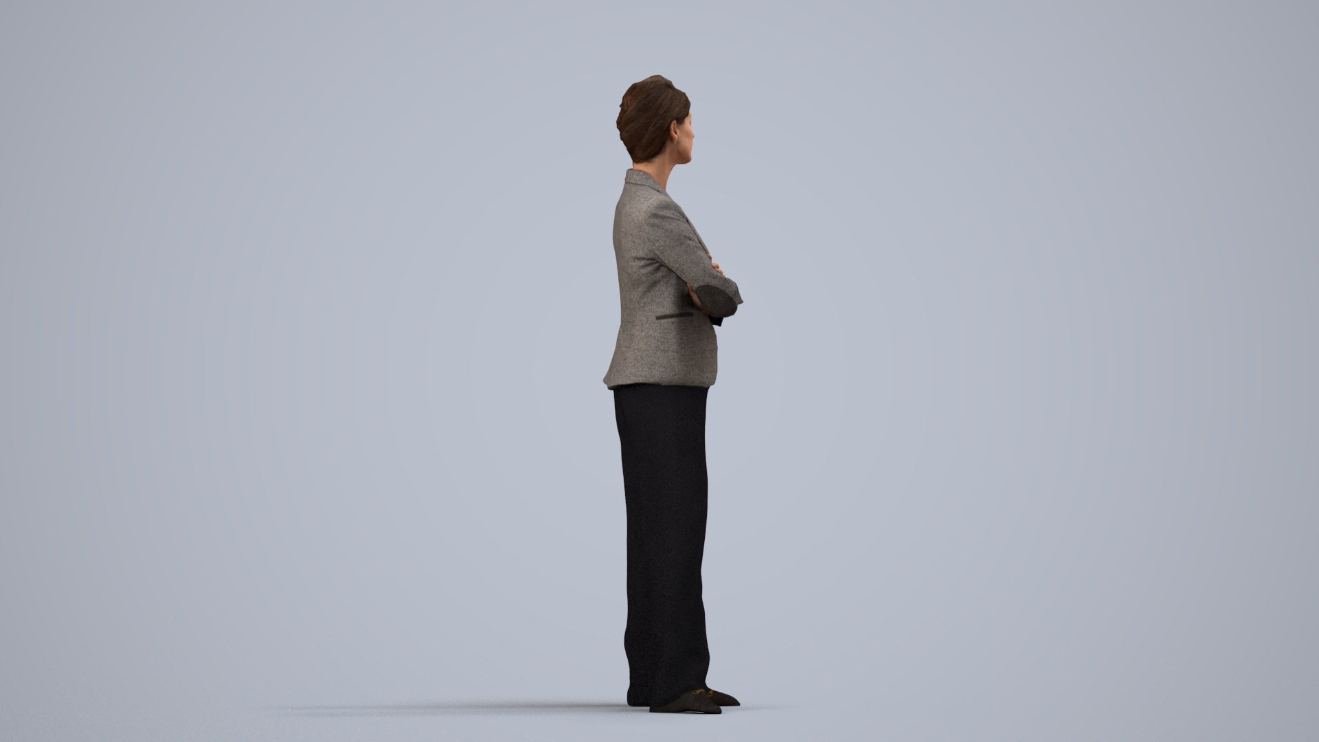 3D human model woman business, photogrammetry scanned person for archviz, side view render
