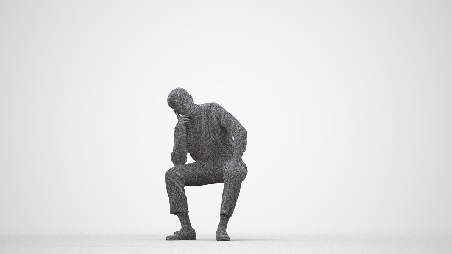 3D scanned man sitting casual, photorealistic archviz people for Enscape and SketchUp, wireframe back view