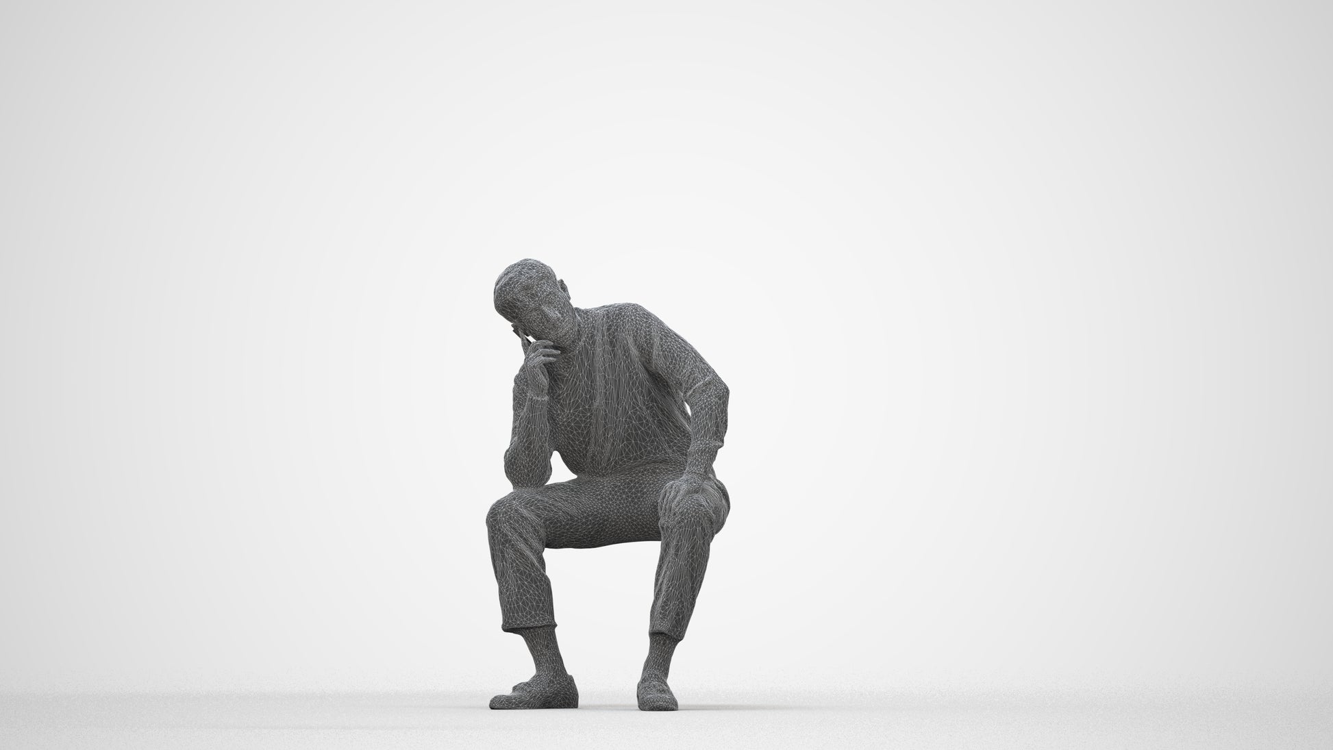 3D scanned man sitting casual, photorealistic archviz people for Enscape and SketchUp, wireframe back view