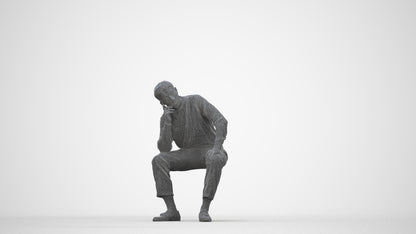 3D scanned man sitting casual, photorealistic archviz people for Enscape and SketchUp, wireframe back view