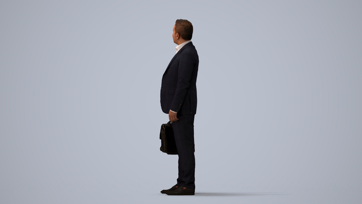 realistic 3D human man business, archviz people FBX OBJ for Blender, three-quarter view render