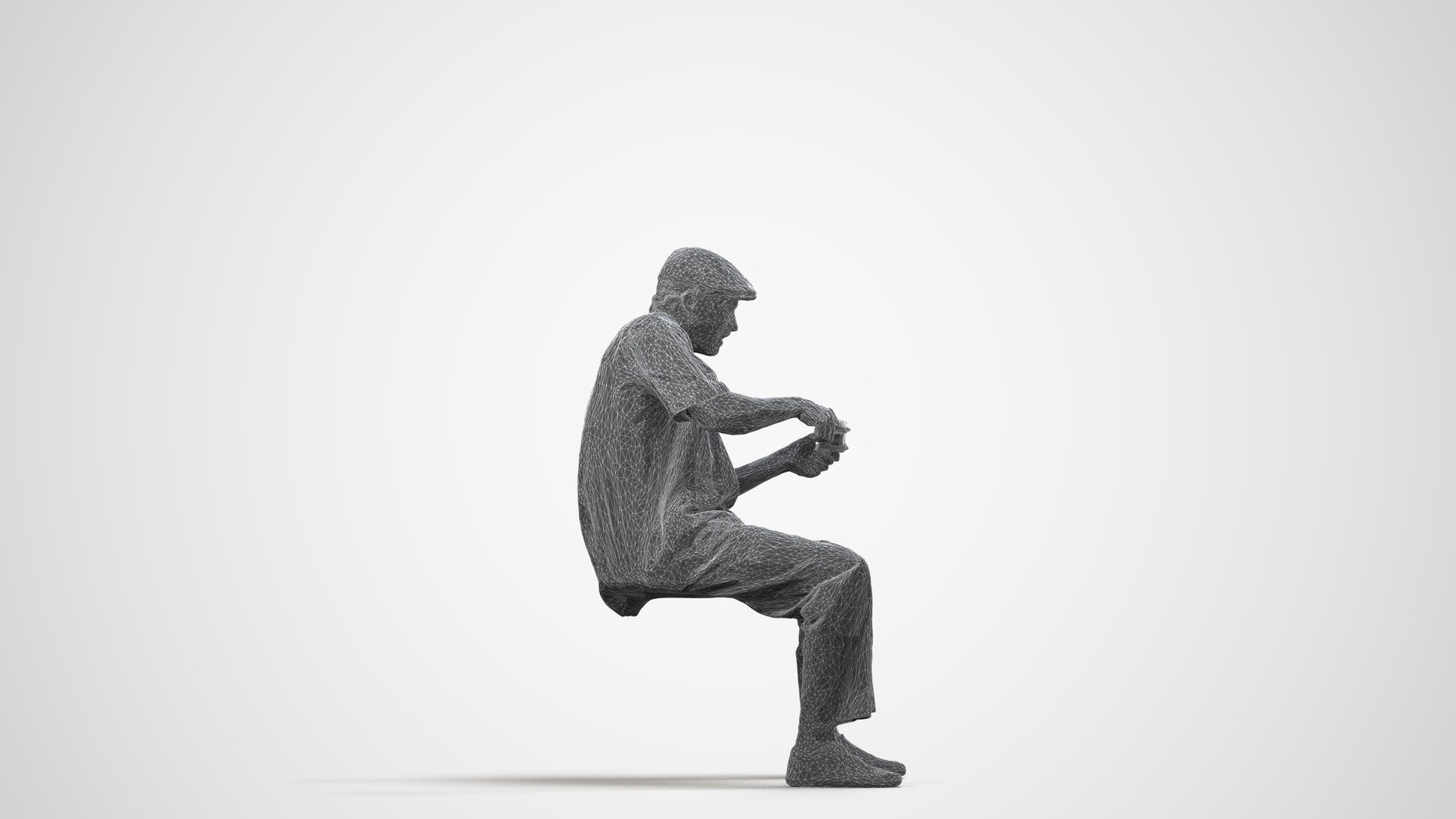 3D human model man casual sitting, photogrammetry scanned person for archviz, wireframe side view