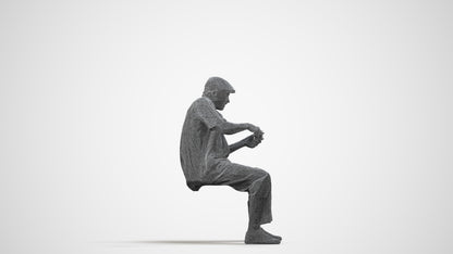 3D human model man casual sitting, photogrammetry scanned person for archviz, wireframe side view