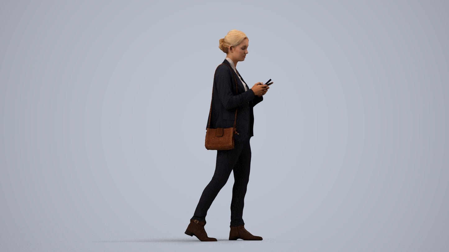 3D people model woman business walking, scanned human for 3ds Max rendering, side view render