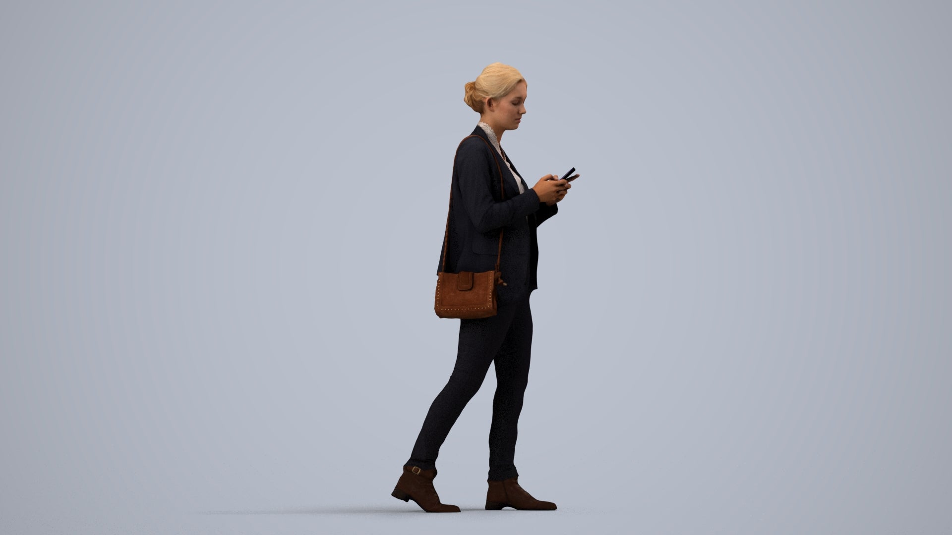 3D people model woman business walking, scanned human for 3ds Max rendering, side view render