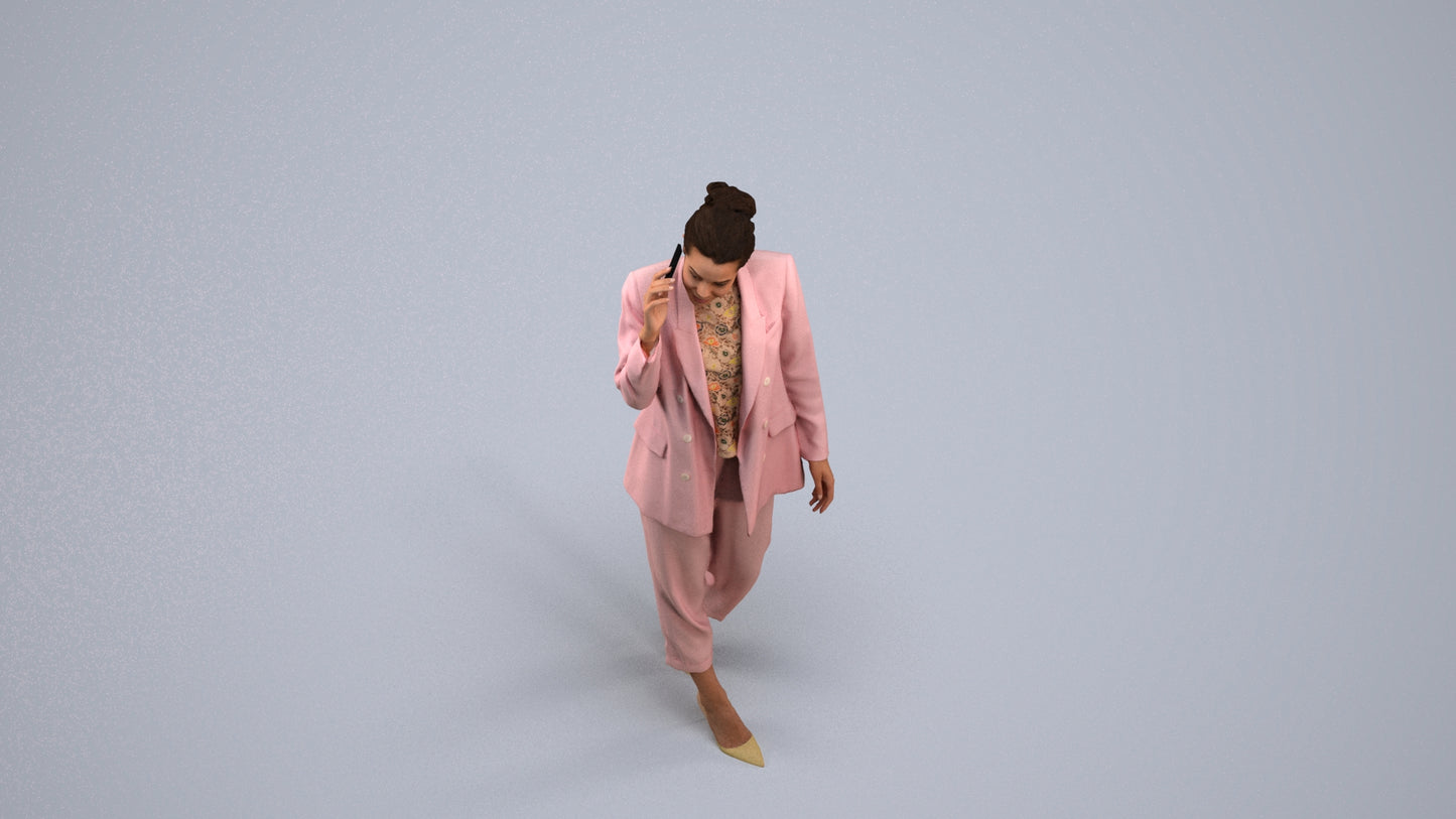 3D human model woman business walking, photogrammetry scanned person for archviz, back view render