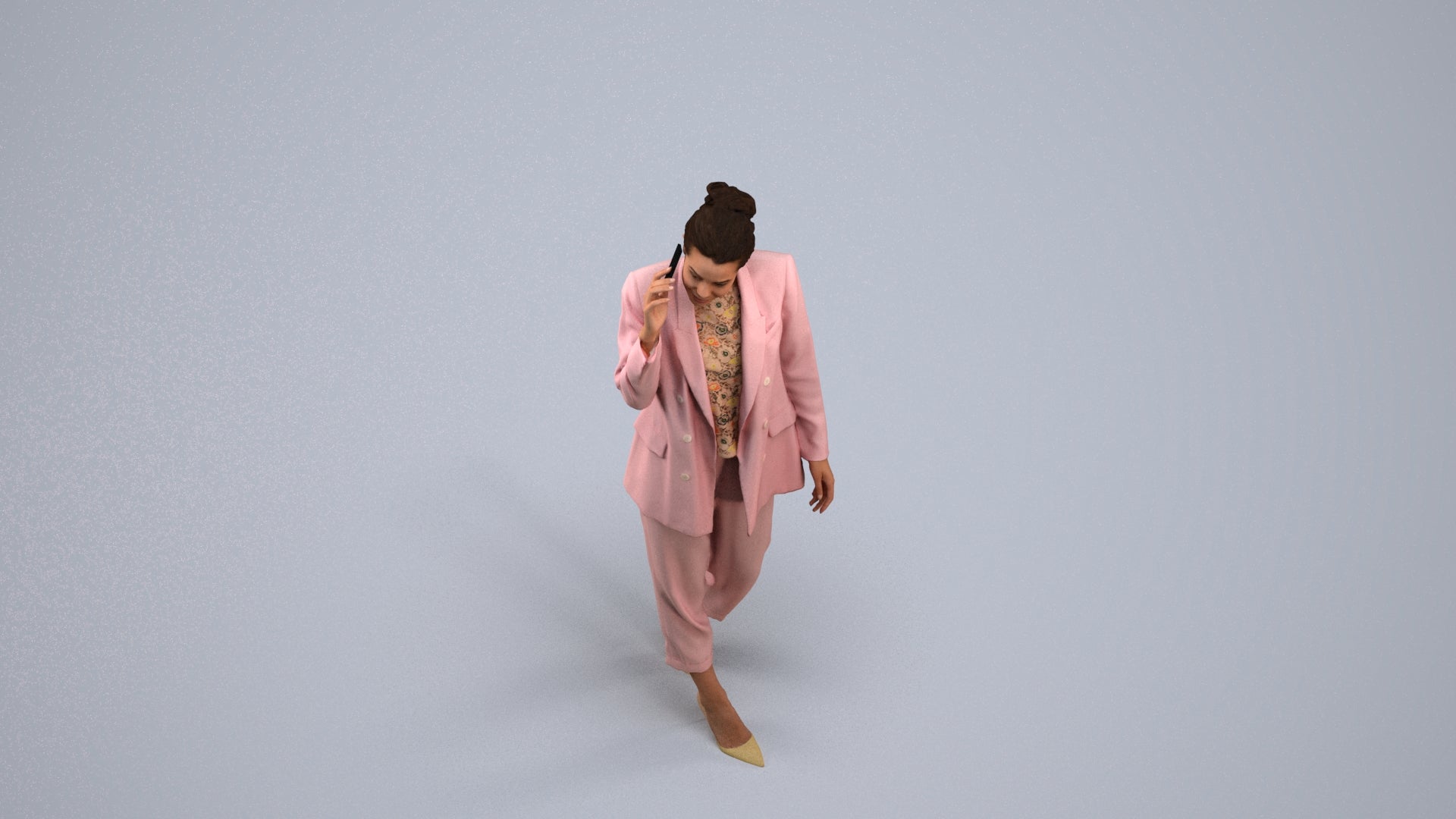 3D human model woman business walking, photogrammetry scanned person for archviz, back view render