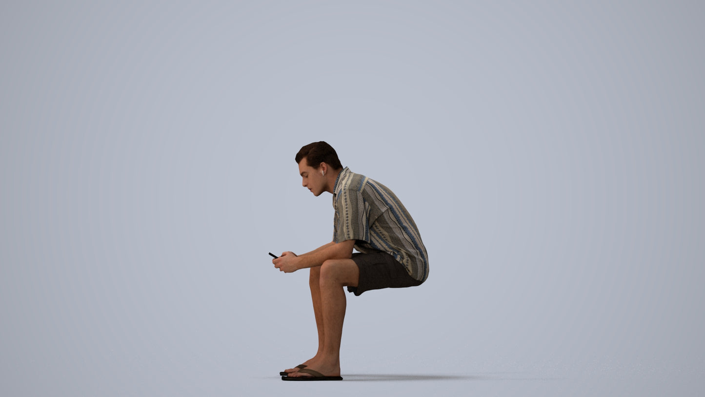 realistic 3D human man casual sitting, archviz people FBX OBJ for Blender, three-quarter view render
