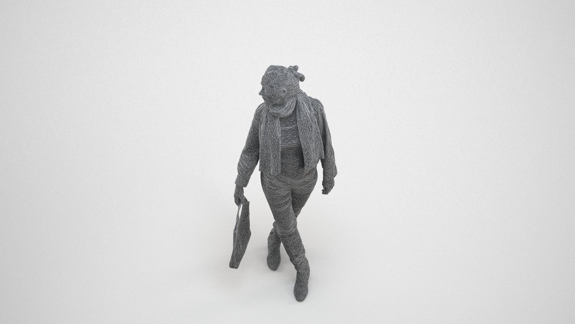 realistic 3D human woman casual walking, archviz people FBX OBJ for Blender, wireframe three-quarter view