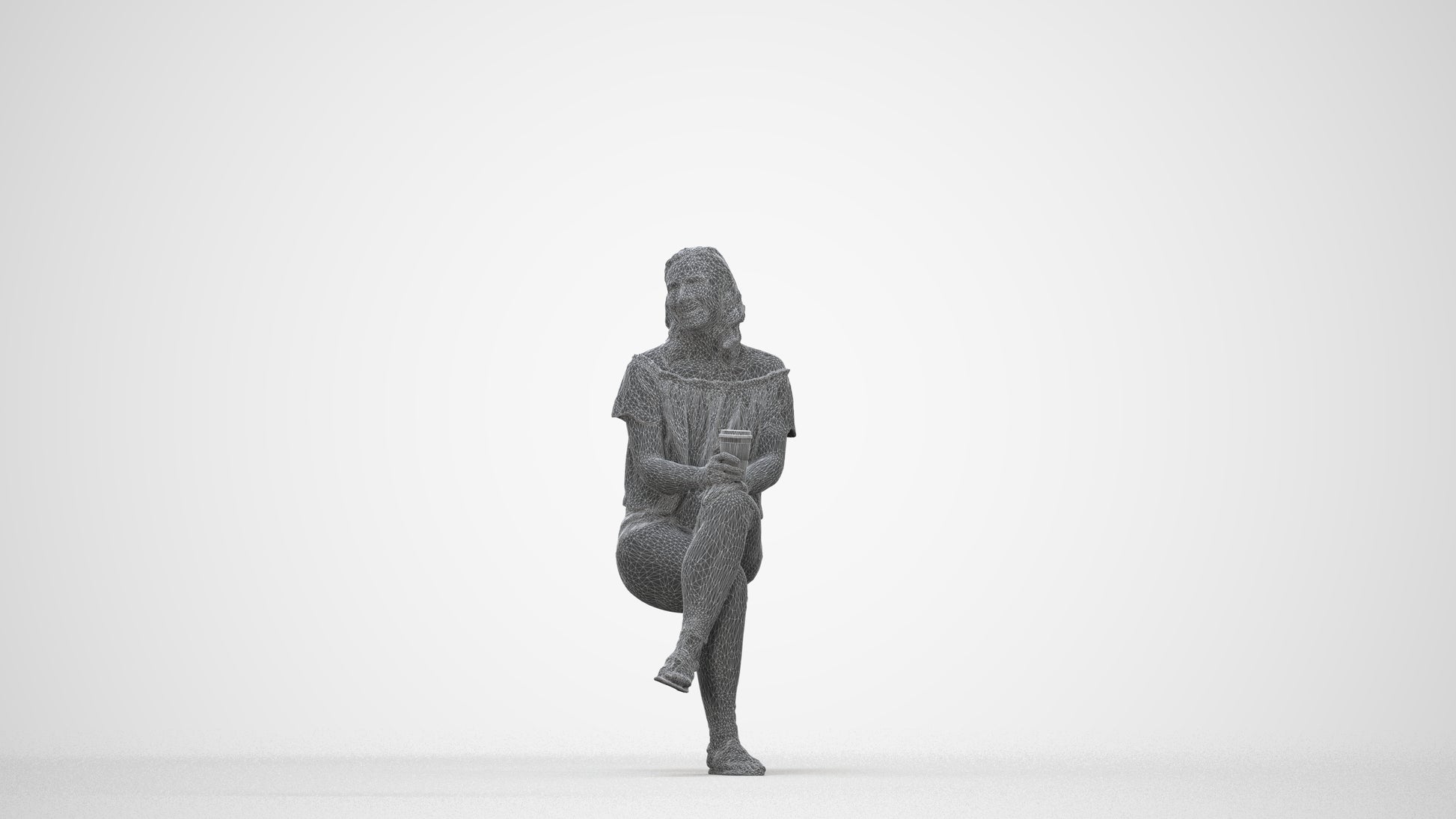 realistic 3D people woman casual sitting, render-ready for V-Ray and Corona, FBX OBJ, wireframe back view