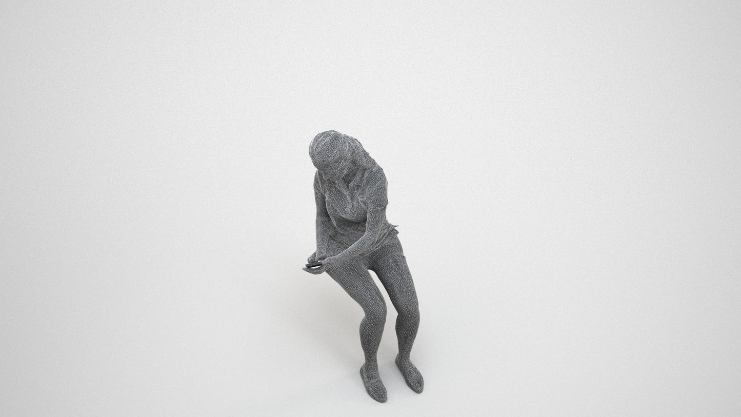 realistic 3D woman casual sitting, scanned archviz people for Blender and 3ds Max, wireframe three-quarter view