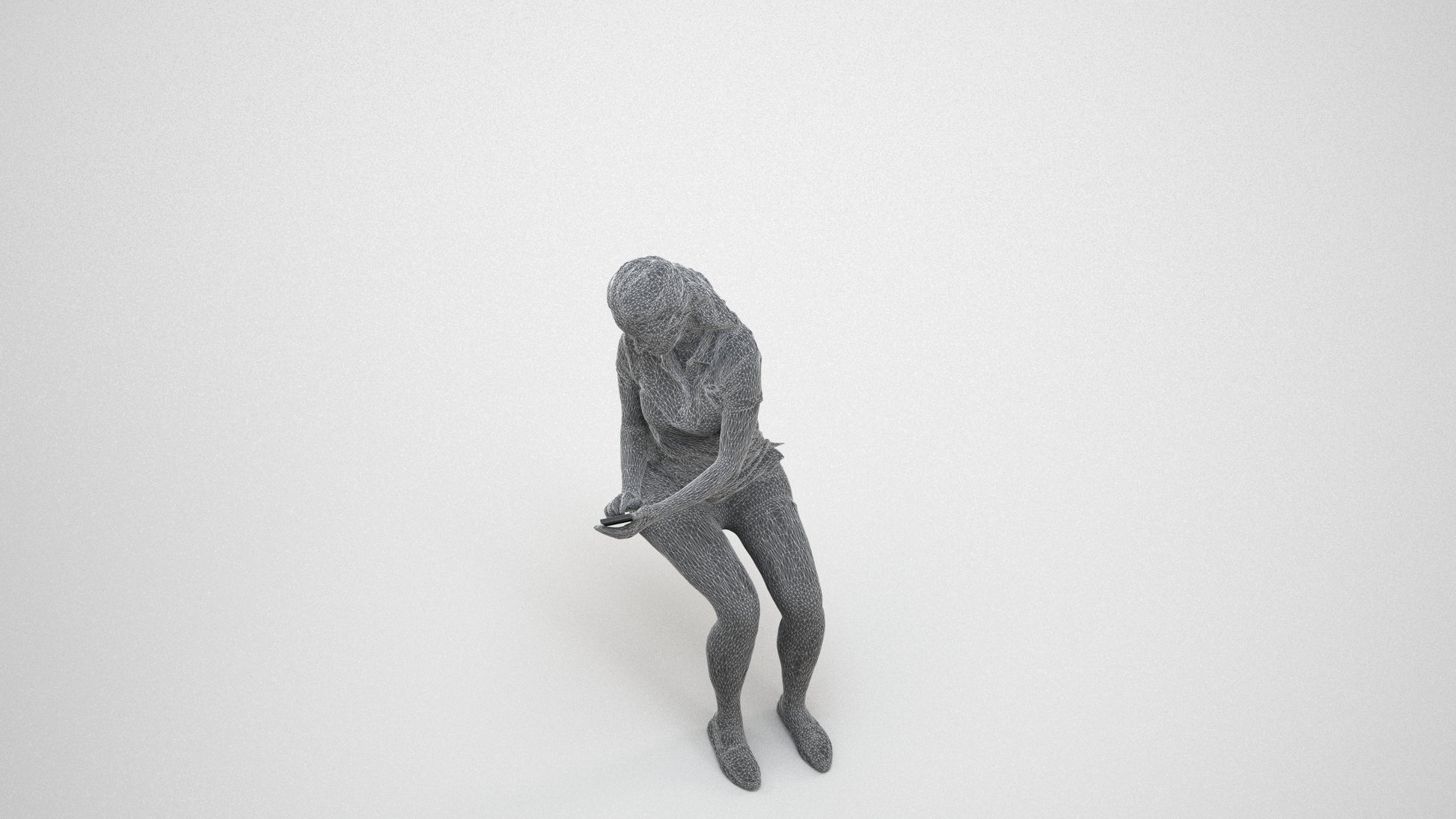 realistic 3D woman casual sitting, scanned archviz people for Blender and 3ds Max, wireframe three-quarter view