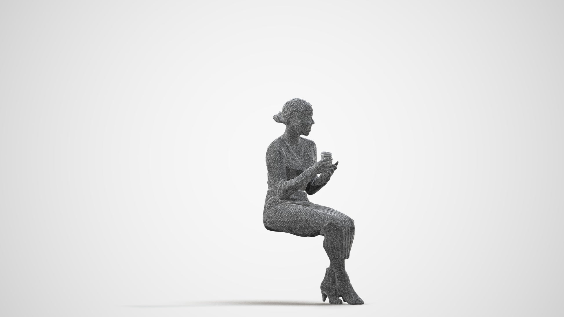 3D scanned woman sitting casual, photorealistic archviz people for Enscape and SketchUp, wireframe side view