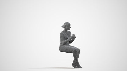 3D scanned woman sitting casual, photorealistic archviz people for Enscape and SketchUp, wireframe side view
