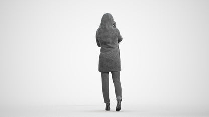 3D human model woman business walking, photogrammetry scanned person for archviz, wireframe front view