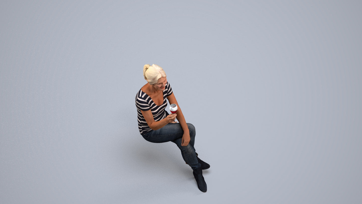 realistic 3D people senior woman casual sitting, render-ready for V-Ray and Corona, FBX OBJ, back view render