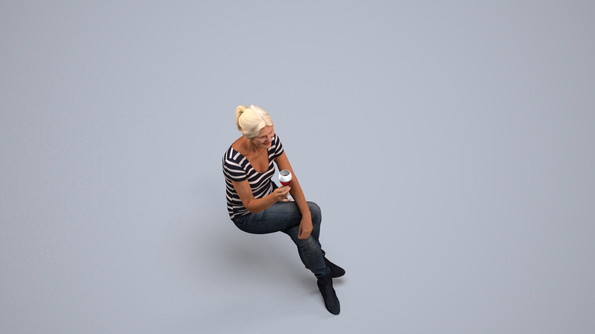 realistic 3D people senior woman casual sitting, render-ready for V-Ray and Corona, FBX OBJ, back view render