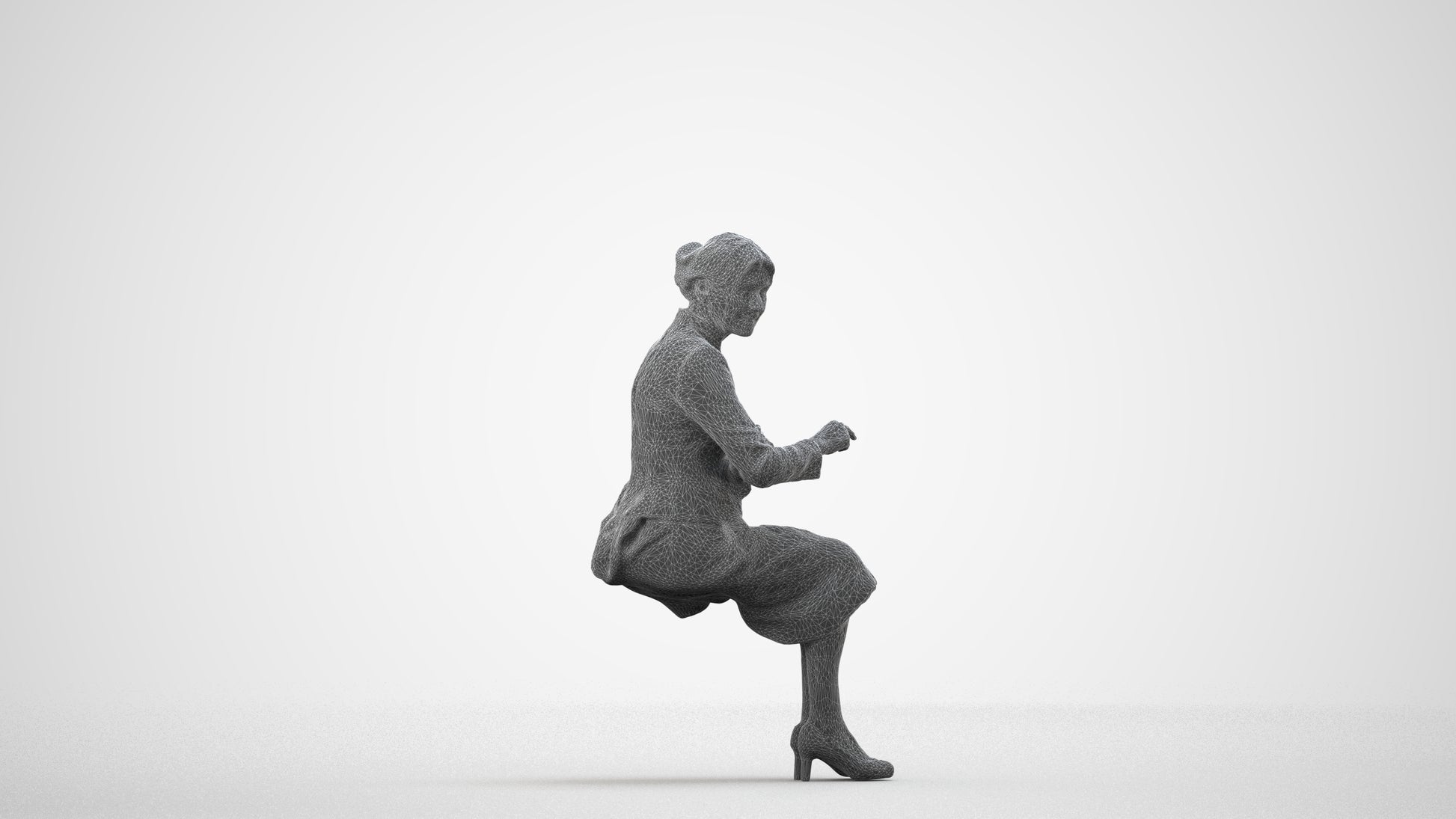 realistic 3D senior woman business, scanned archviz people for Blender and 3ds Max, wireframe side view