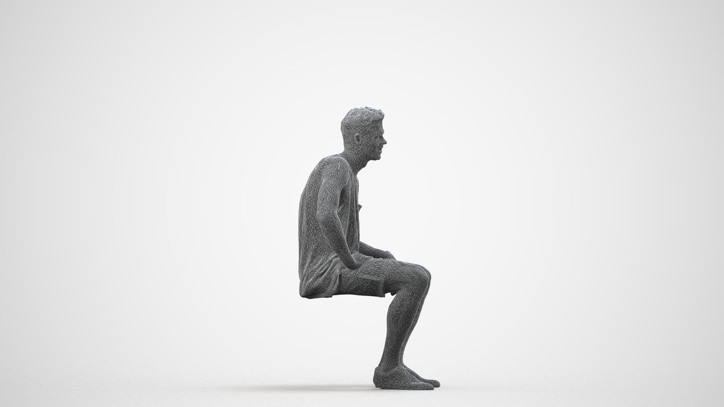 photogrammetry 3D man casual sitting, realistic human model archviz FBX, wireframe side view