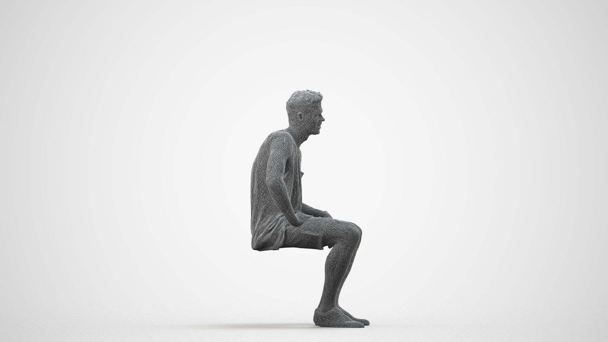 photogrammetry 3D man casual sitting, realistic human model archviz FBX, wireframe side view