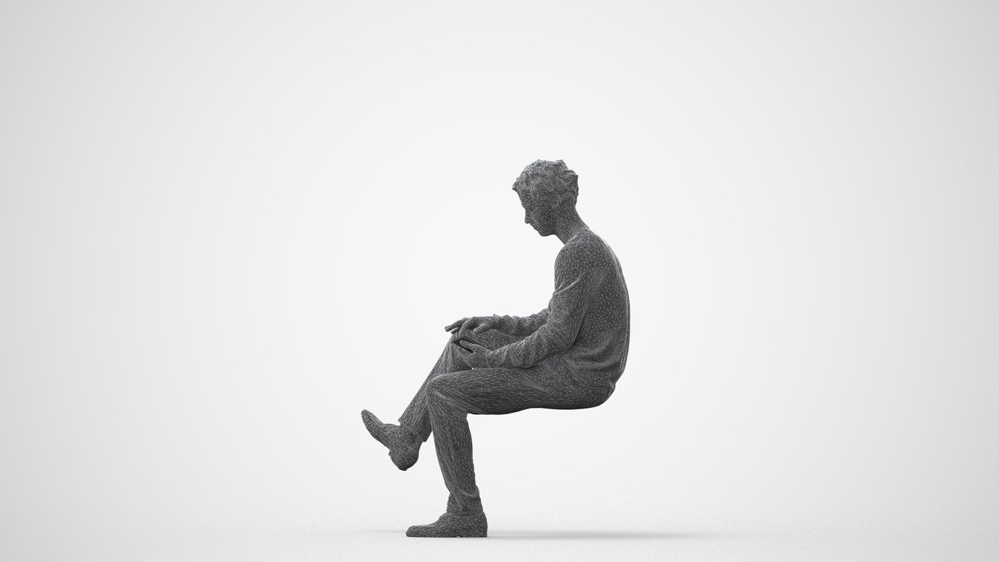 realistic 3D man casual sitting, scanned archviz people for Blender and 3ds Max, square thumbnail