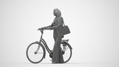 3D scanned senior woman cycling business, photorealistic archviz people for Enscape and SketchUp, wireframe back view