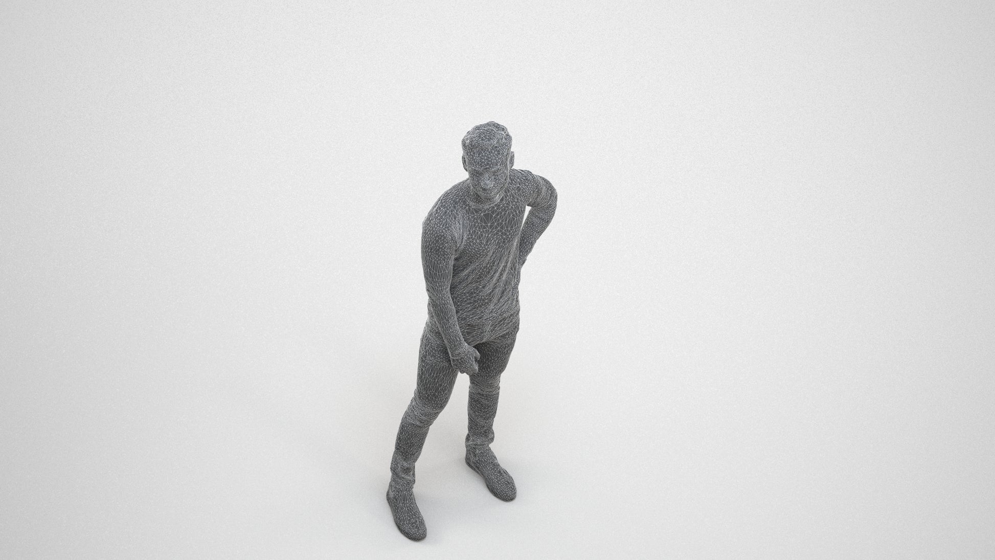 realistic 3D man casual standing, scanned archviz people for Blender and 3ds Max, wireframe three-quarter view