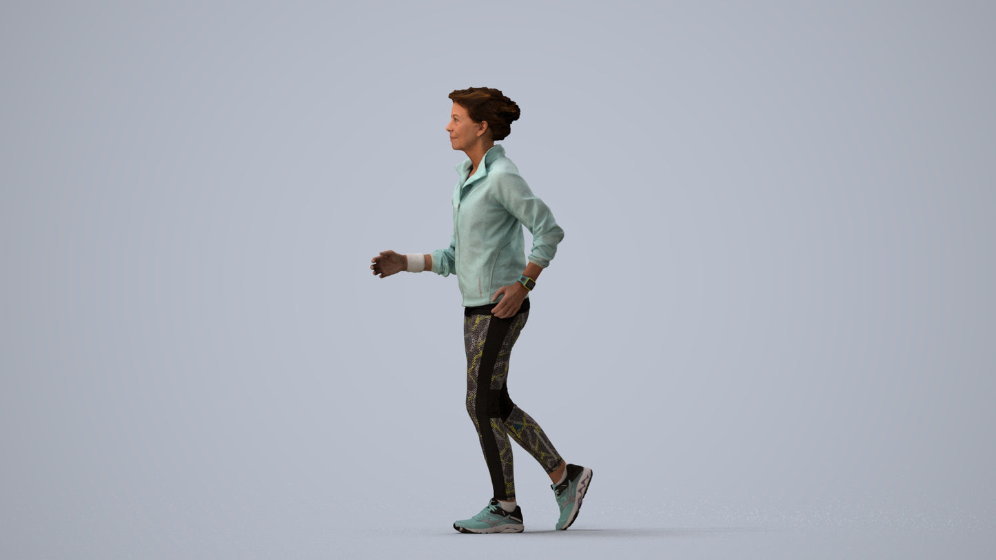 3D human model woman sport, photogrammetry scanned person for archviz, three-quarter view render