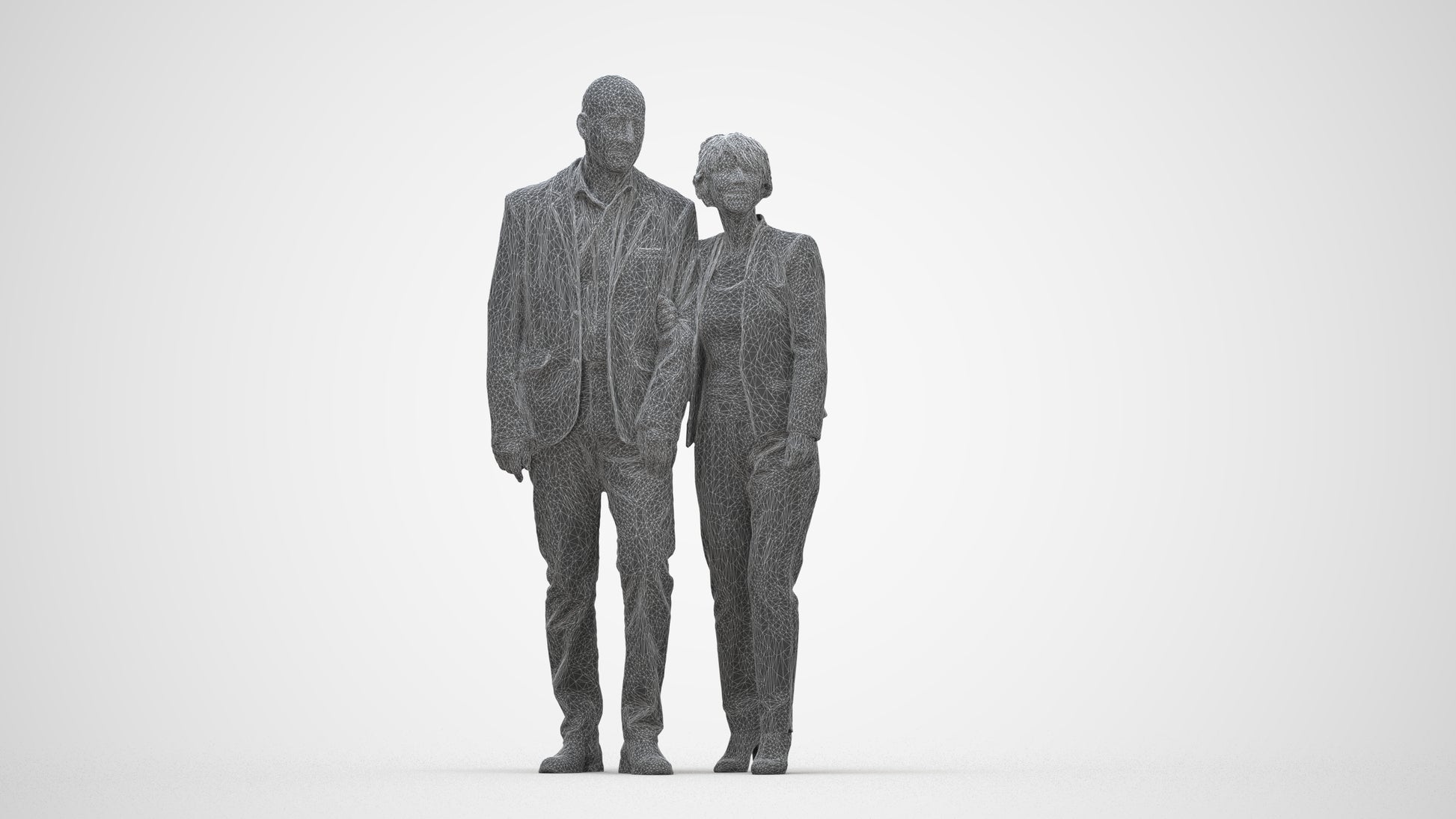 3D human model senior woman business couple, photogrammetry scanned person for archviz, wireframe back view