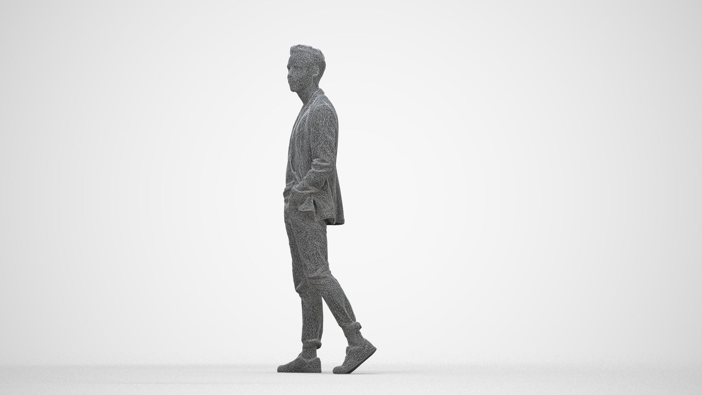 3D scanned man walking business, photorealistic archviz people for Enscape and SketchUp, wireframe back view