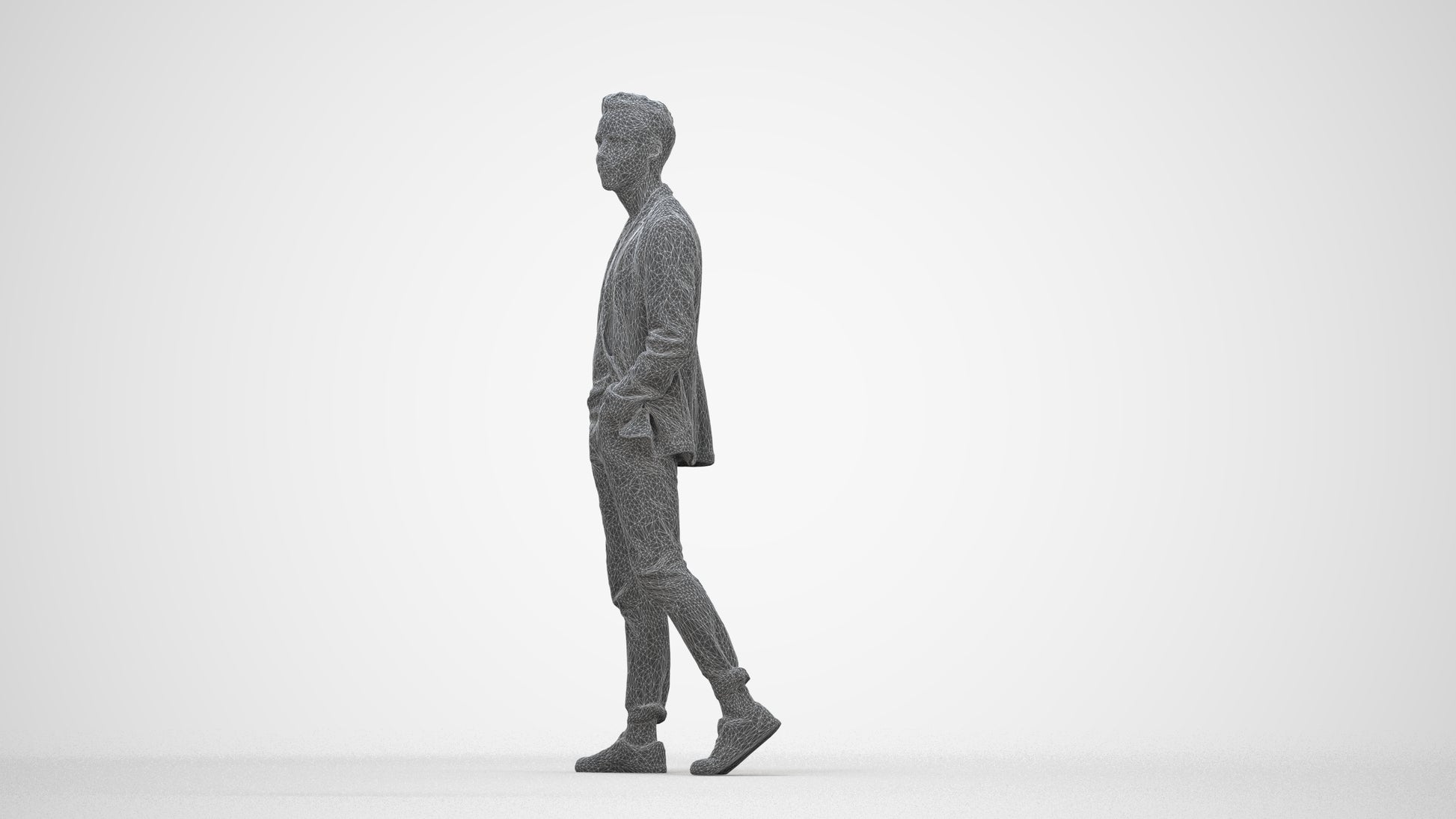 3D scanned man walking business, photorealistic archviz people for Enscape and SketchUp, wireframe back view
