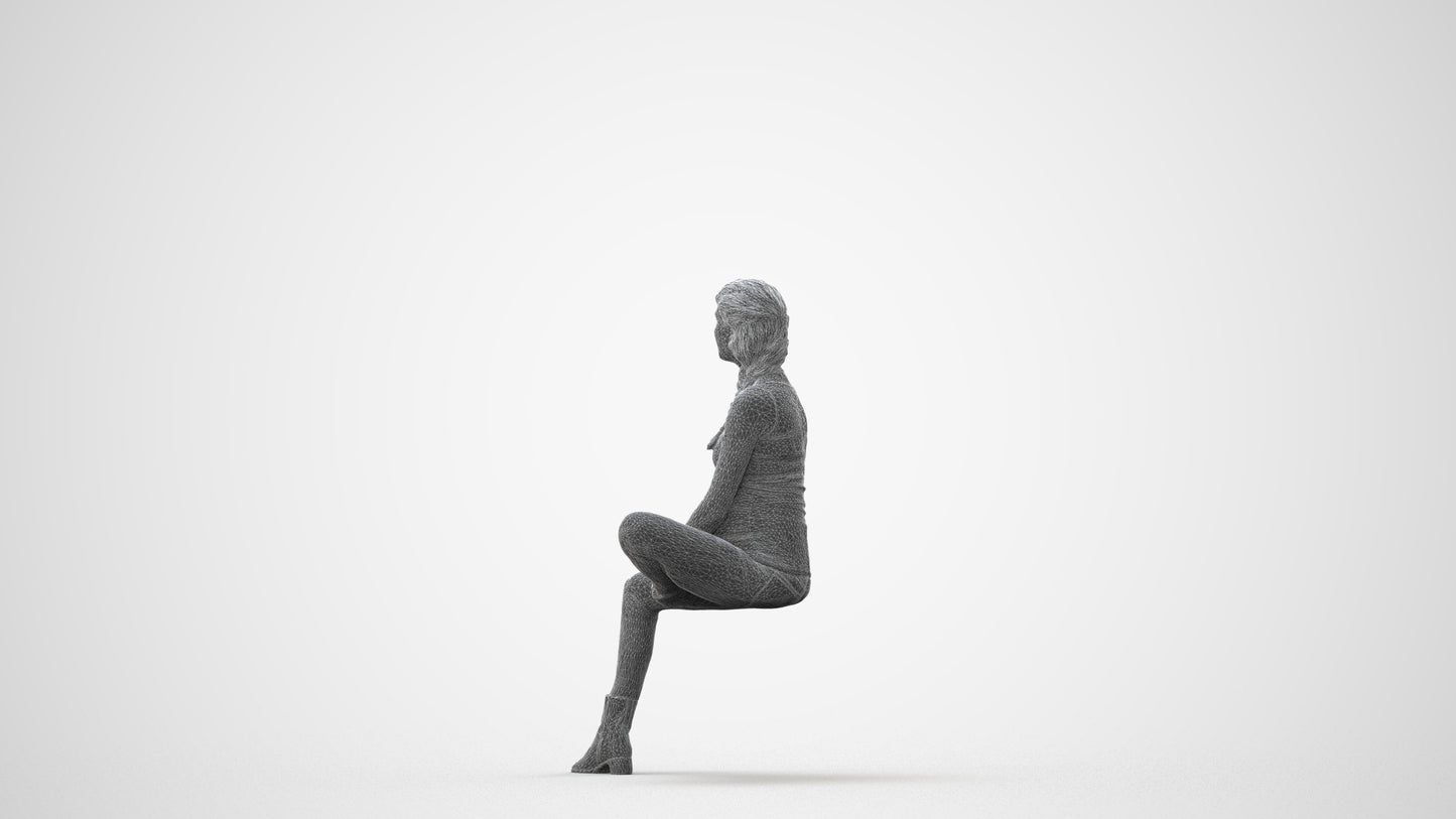 realistic 3D woman casual sitting, scanned archviz people for Blender and 3ds Max, square thumbnail