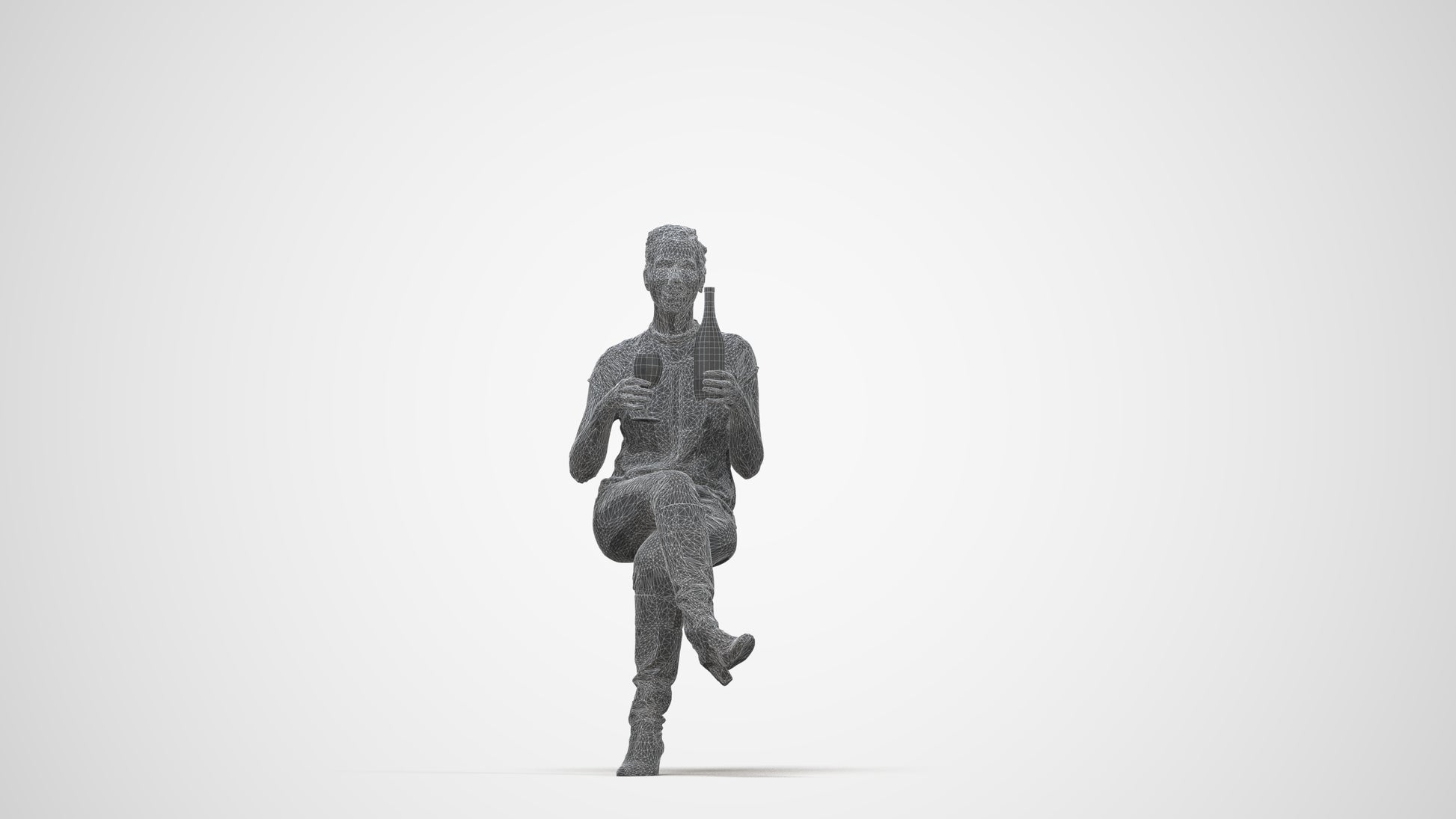 3D human model woman casual sitting, photogrammetry scanned person for archviz, wireframe back view